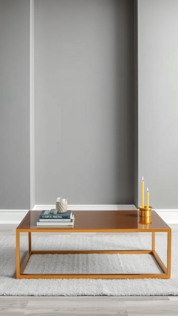 A chic gold coffee table on a light grey rug with a grey wall backdrop.