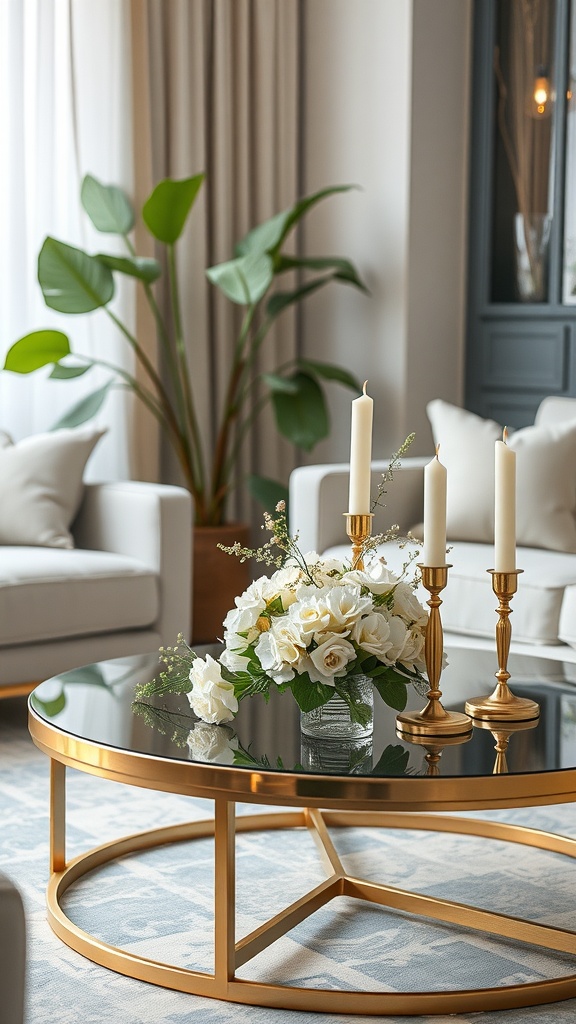 A chic gold coffee table centerpiece with a floral arrangement and candles, set in a stylish living room.