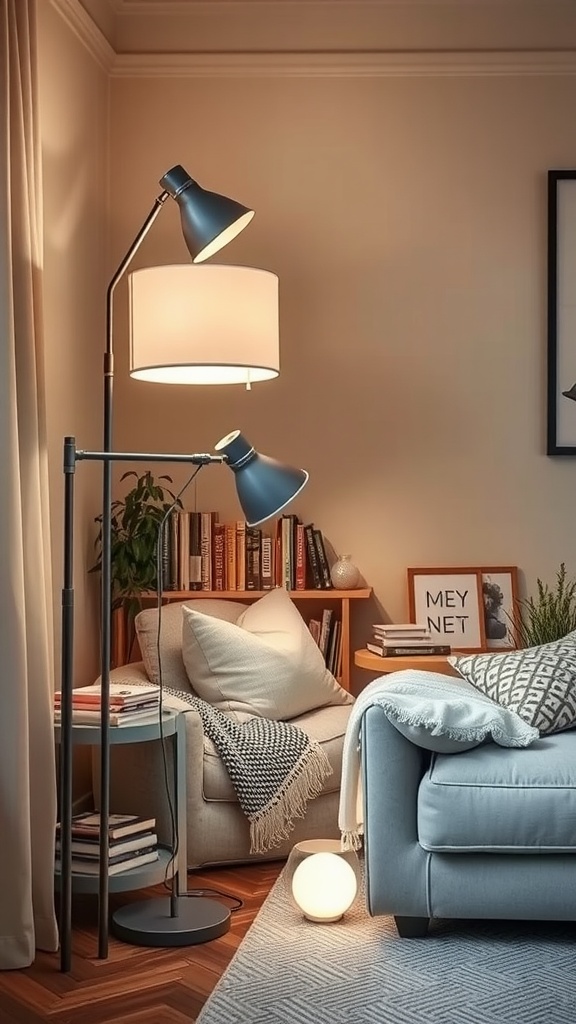 Living room featuring chic gray floor lamps, cozy couch, and a bookcase.