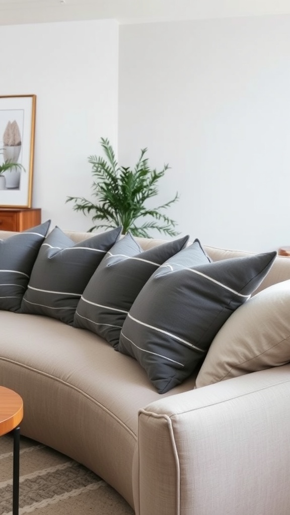 A modern living room with a curved sofa decorated with chic gray pillows, complemented by a green plant and stylish decor.