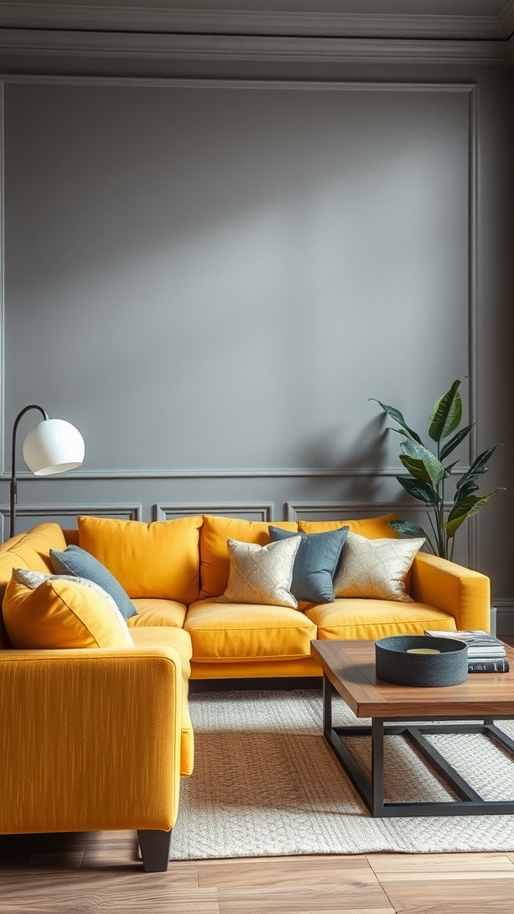 A living room featuring a bright yellow couch, grey walls, and a wooden coffee table with decorative items.