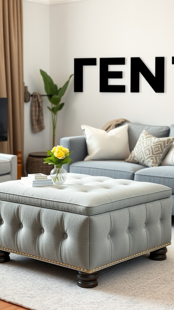 A chic grey ottoman with beige details in a cozy living room setting.