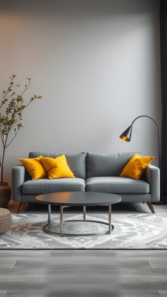 A grey sofa with yellow cushions in a modern living room setting