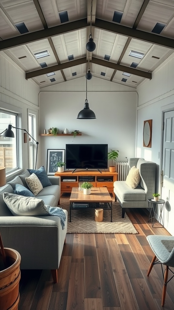 Chic industrial living room with high ceilings, modern lighting, and cozy furnishings