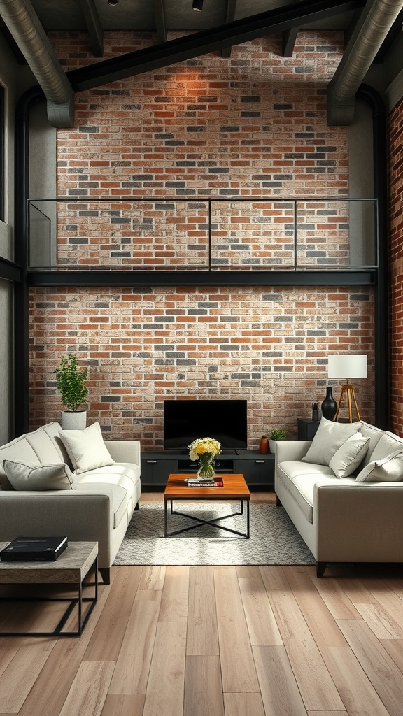 Chic industrial living room with beige sofas, exposed brick wall, and wood flooring.