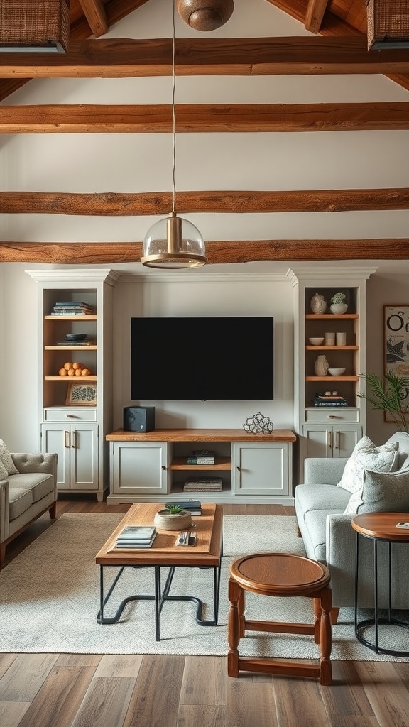 Chic media center in a modern rustic living room with wooden beams and cozy furniture.