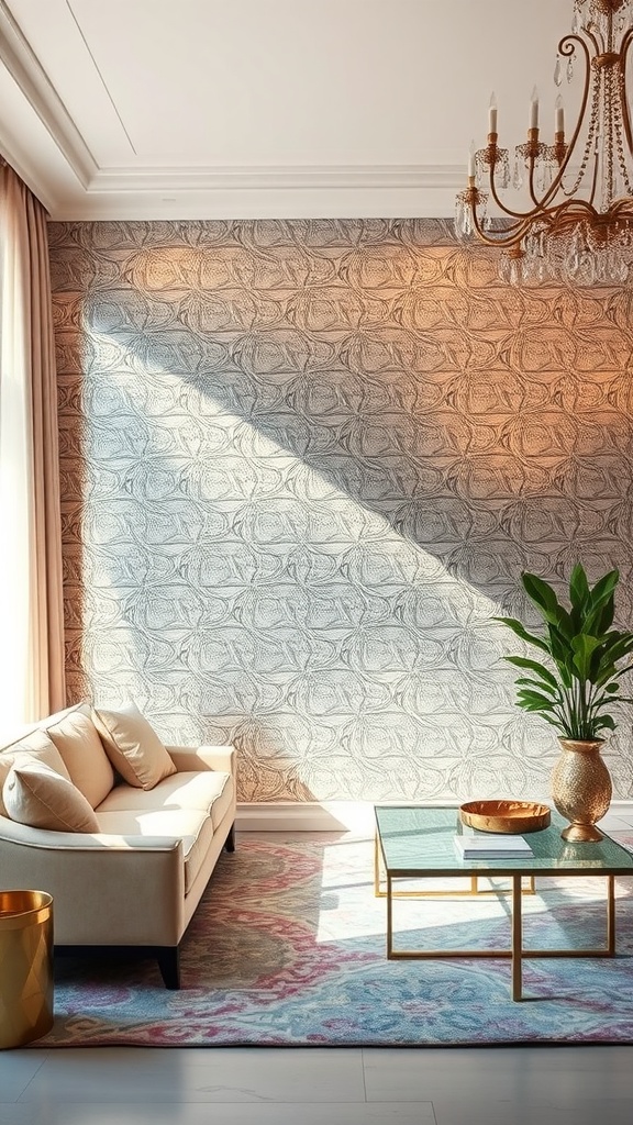 Living room featuring metallic wallpaper with elegant sofa, glass coffee table, and plants.