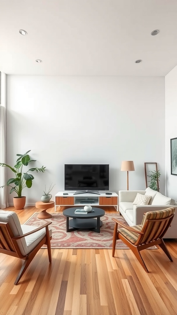 A mid-century modern living room featuring a white accent wall, sleek furniture, and warm wooden floors.