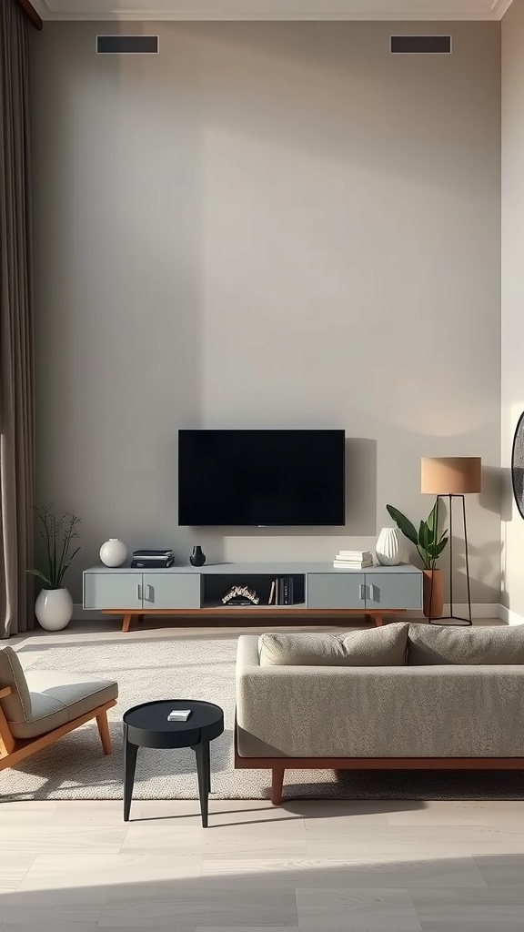 A minimalist living room with a light color palette, featuring a sofa, chair, coffee table, and a TV mounted on the wall.