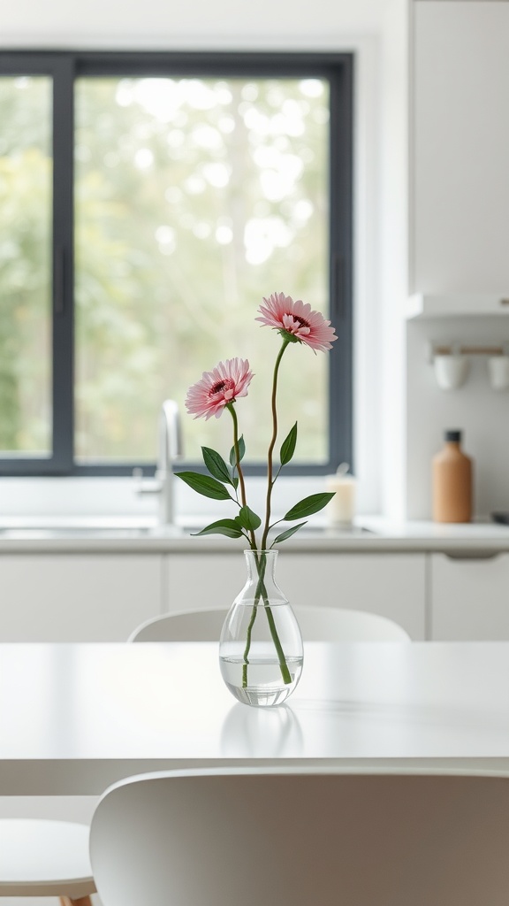 A minimalist kitchen table centerpiece featuring a clear glass vase with pink flowers