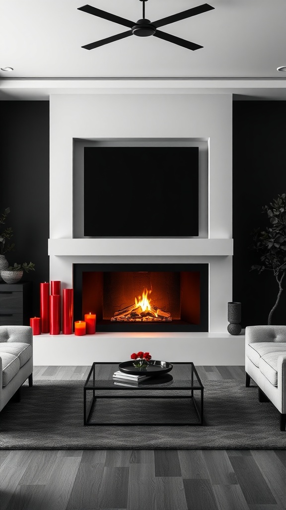 Modern fireplace in a chic living room with black and white walls, red candles, and stylish seating.