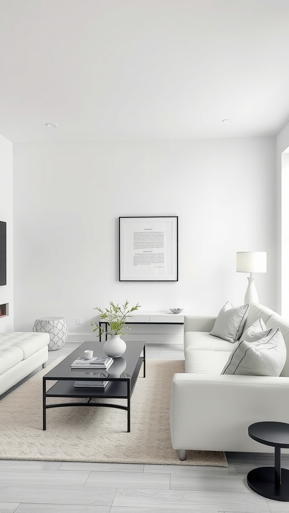 Chic monochromatic living room featuring white sofas, a black coffee table, and a light rug.