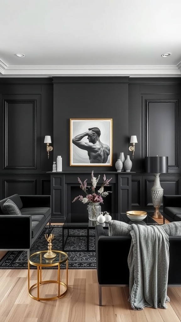 Chic living room featuring black walls, black sofas, and silver accents.