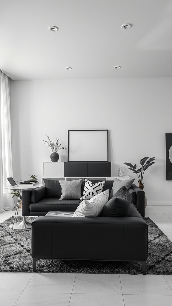 Living room with a black couch, monochrome decor, and minimalist design elements