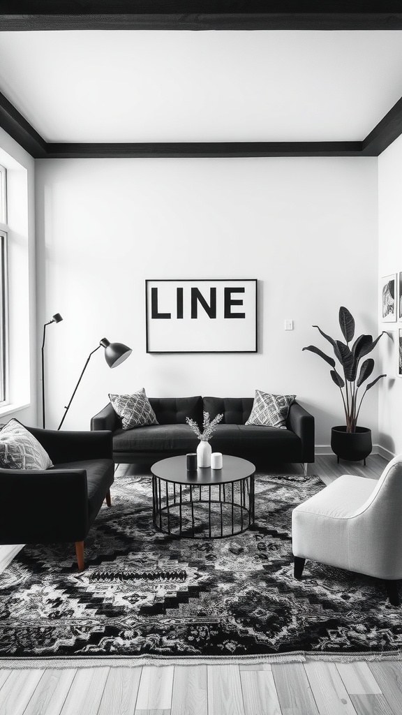 A stylish living room featuring a black and white rug, black sofa, and modern decor