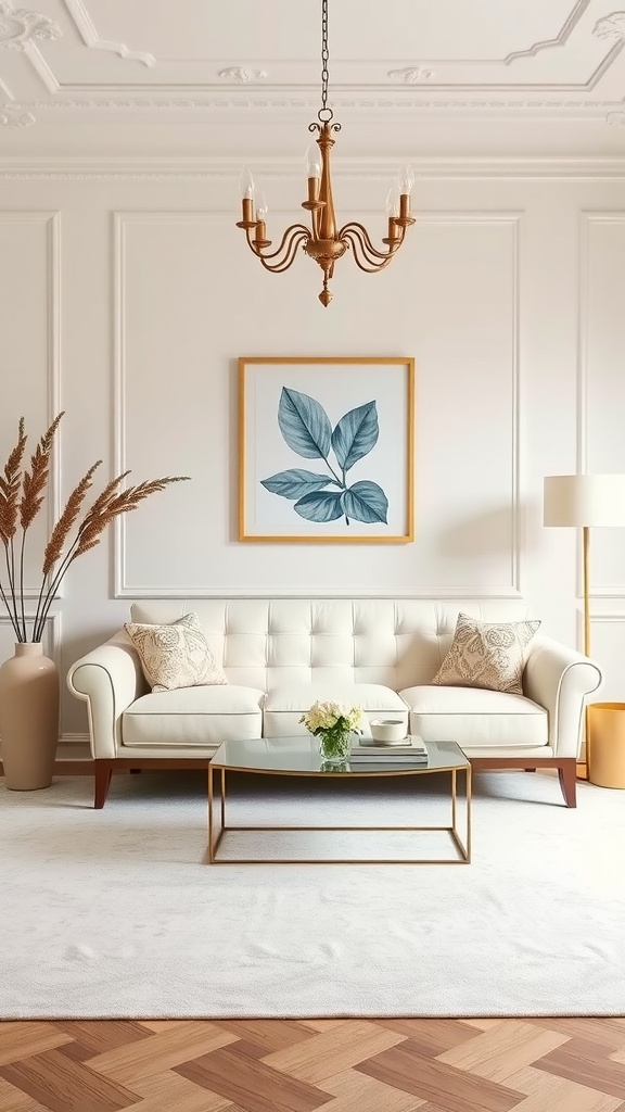 A stylish living room featuring a cream couch with decorative pillows, a glass coffee table, and a golden chandelier, set in a neutral color scheme.