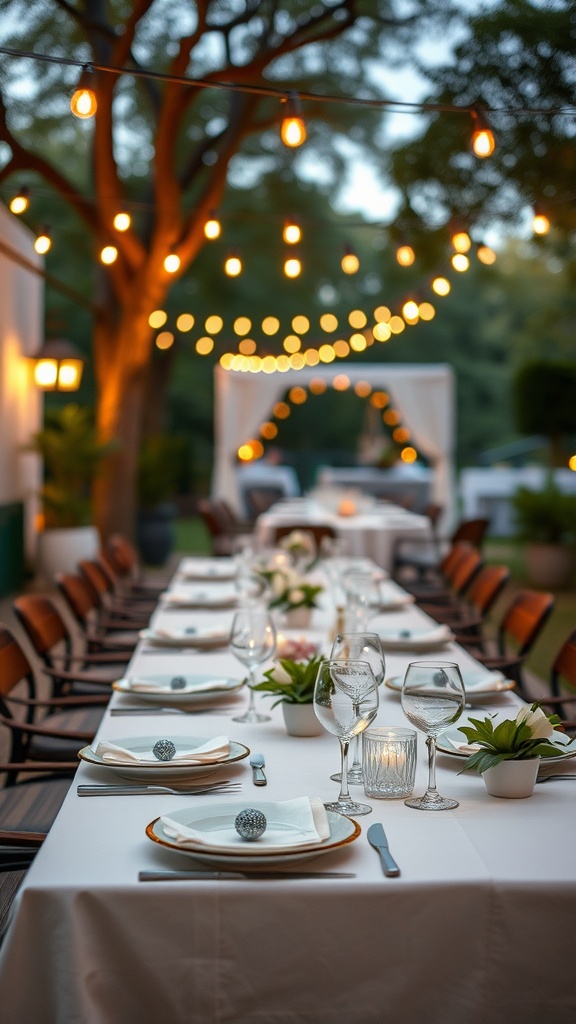 A beautifully set outdoor dining table with string lights and greenery.