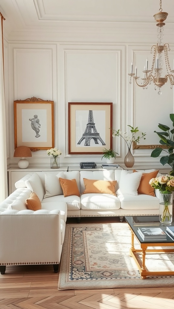 Chic Parisian living room with a white sectional couch, orange pillows, and Eiffel Tower artwork.