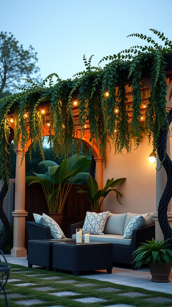 Cozy outdoor lounge under a pergola with lush plants and warm lighting