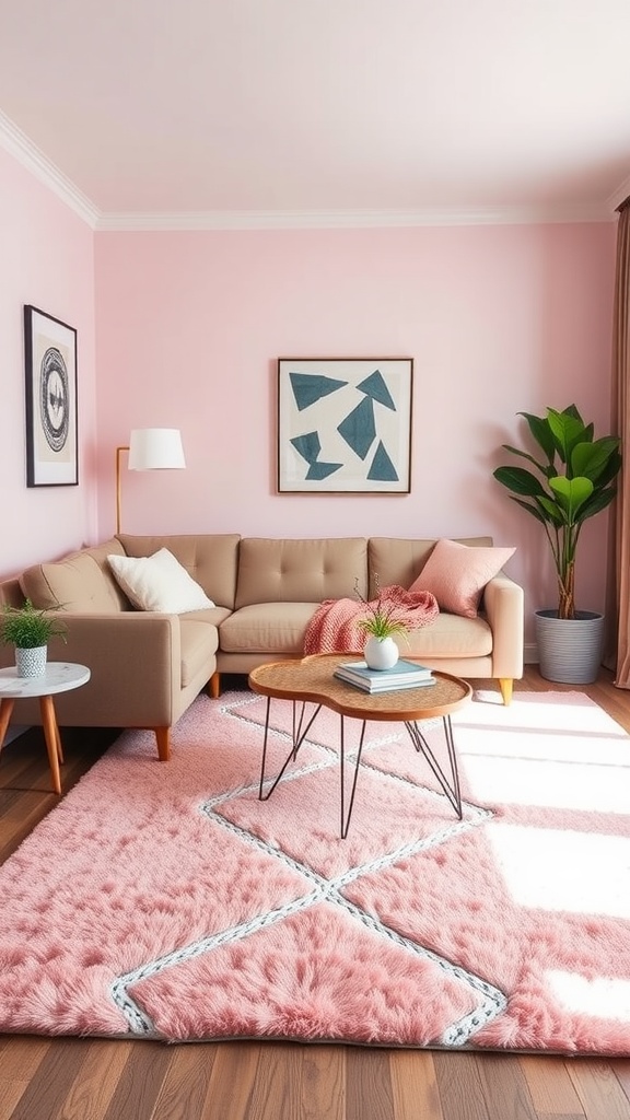 A cozy living room featuring a plush pink area rug with a geometric design, beige sofa, and potted plant.