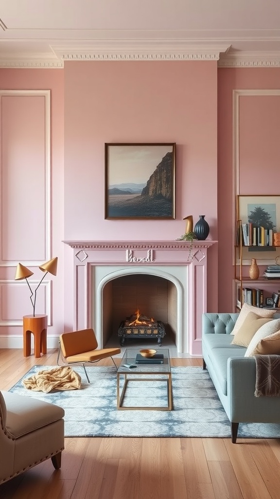 A stylish living room featuring a pink fireplace, mint-colored sofa, modern accent chair, and warm wooden floors.