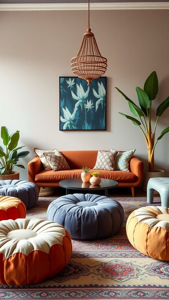 A Moroccan living room featuring colorful poufs, an orange sofa, and a decorative chandelier.