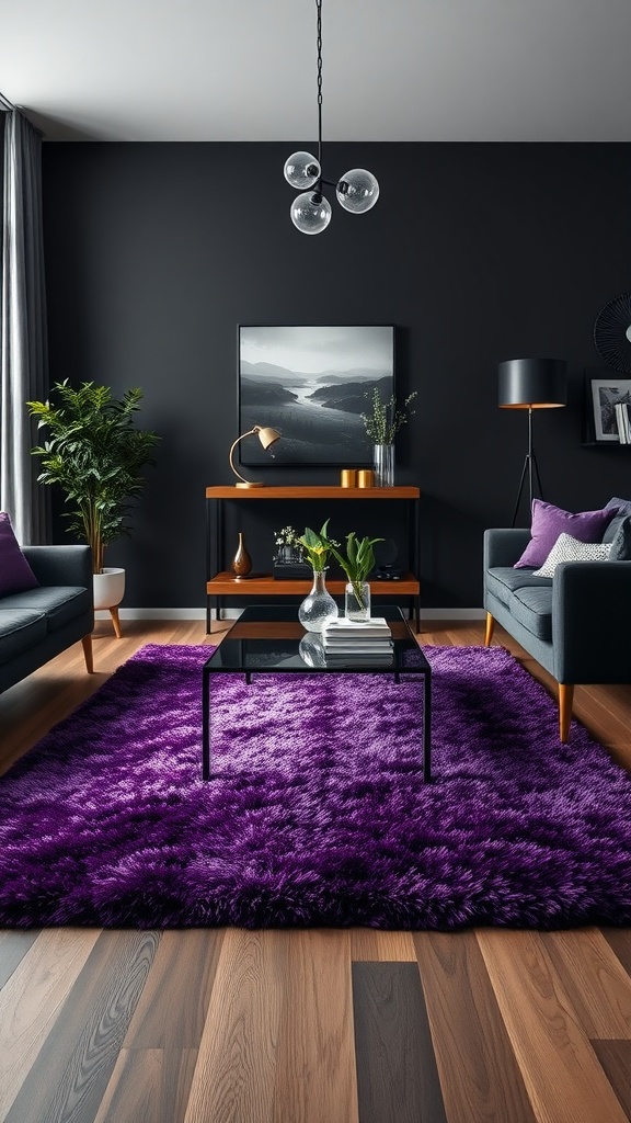 Living room featuring a chic purple area rug, gray couches, and modern decor.