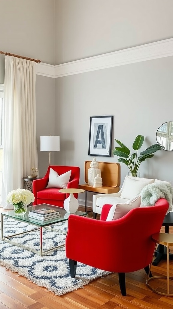 Chic living room featuring red chairs, white sofa, and a glass coffee table.