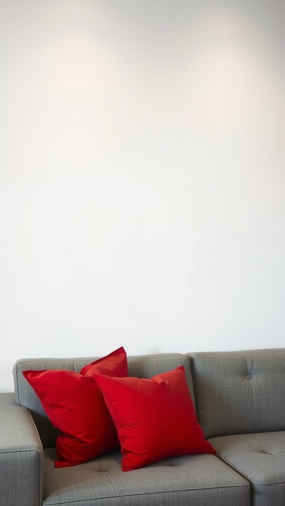 Red decorative pillows on a grey sofa