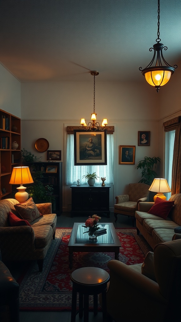 Cozy vintage living room with warm lighting from lamps and chandelier