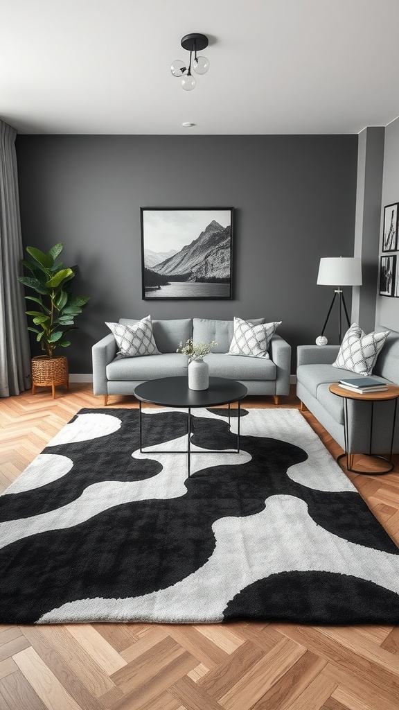 A modern living room featuring a bold black and white rug with abstract patterns, complemented by grey sofas and light wood flooring.