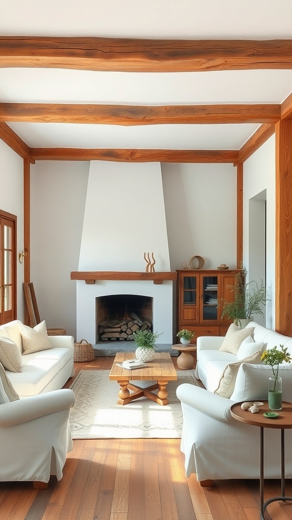 A chic living room featuring white furniture, wooden beams, and a rustic fireplace.