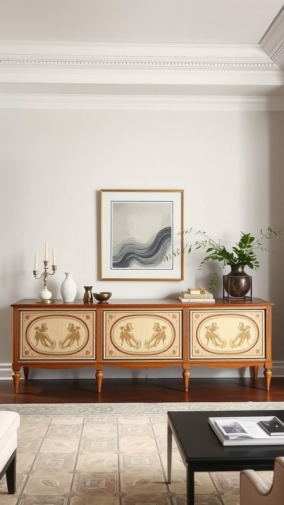 A stylish sideboard with decorative panels in a living room setting.