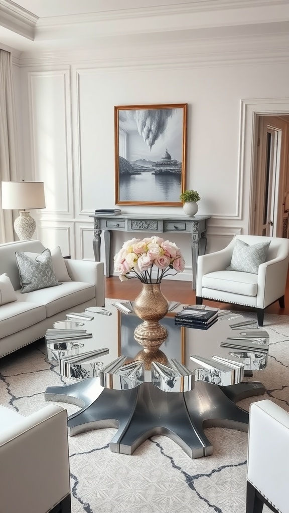 Chic silver coffee table with flowers and books in a modern living room setting