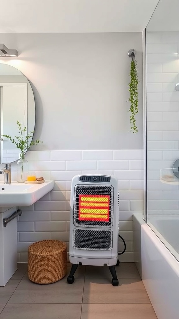 A modern space heater in a stylish bathroom, surrounded by natural elements and soothing colors.