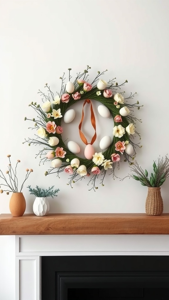 A chic spring wreath with flowers and eggs, displayed above a mantel.