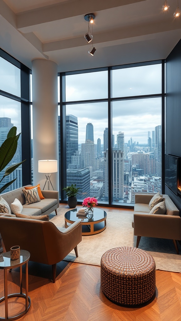 A modern living room with large windows showcasing a city view, featuring comfortable furniture and stylish decor