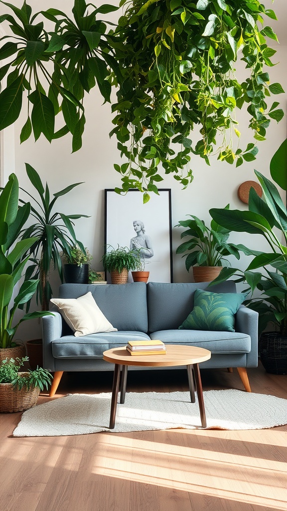 Living room featuring a grey couch surrounded by various plants, a wooden coffee table, and a framed art piece on the wall.