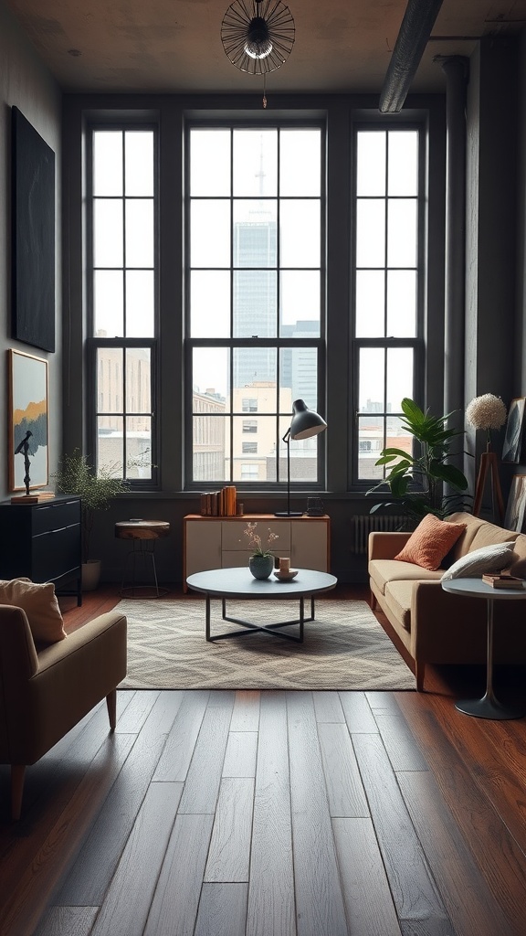 A chic urban loft living room featuring a brown couch, large windows, and stylish decor.