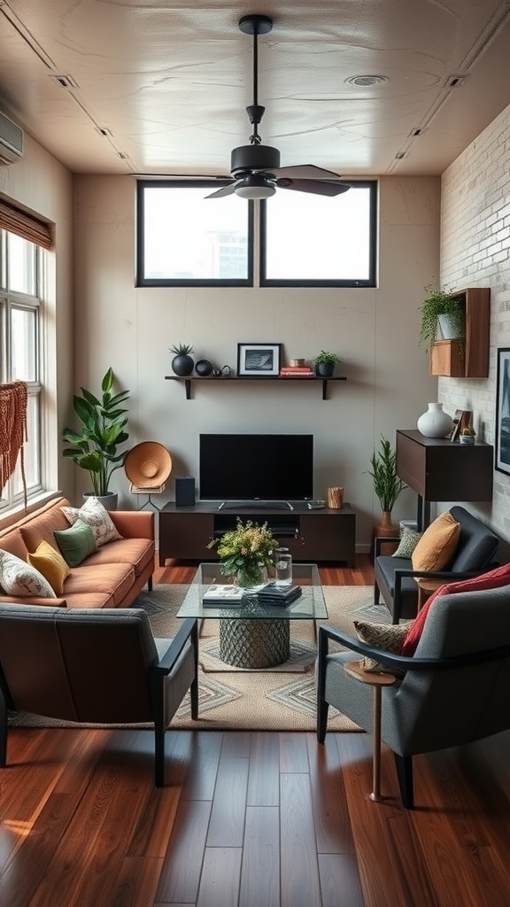 A chic urban loft living room with large windows, comfortable furniture, and potted plants.