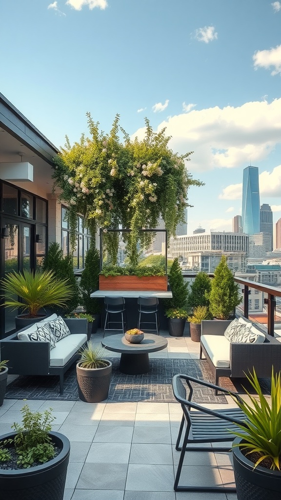 Chic urban patio featuring modern furniture, potted plants, and city skyline views.