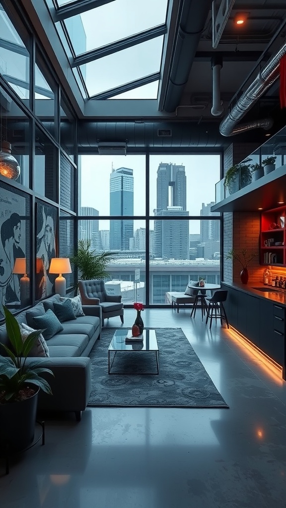 Chic urban sunken living room with large windows, modern furniture, and a view of the city skyline.