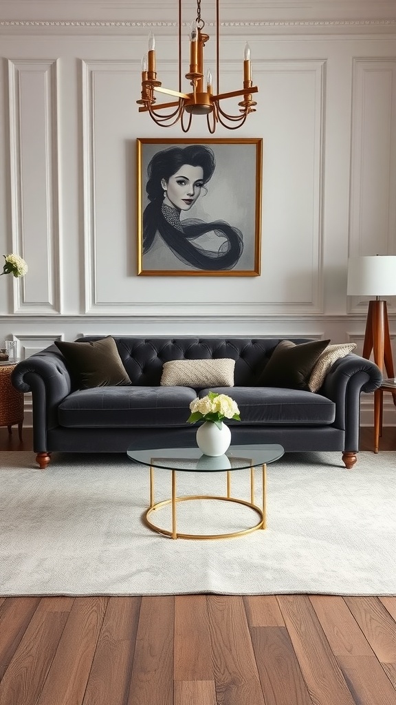 A stylish living room featuring a deep blue velvet sofa, a glass coffee table, and elegant decor