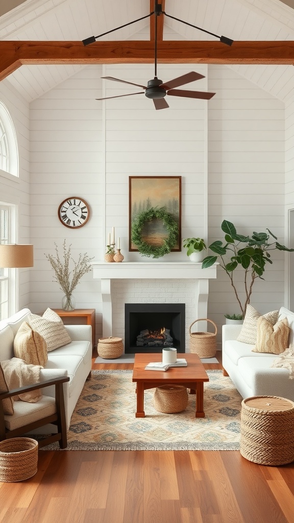 Cozy white farmhouse style living room with wooden beams and natural decor