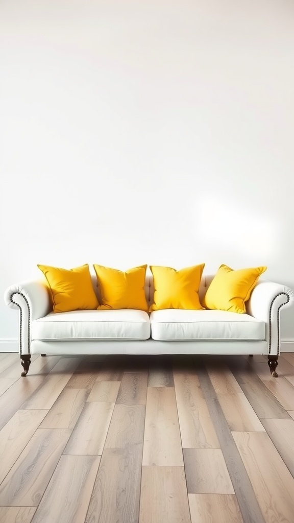 A cozy white sofa with yellow pillows against a light backdrop