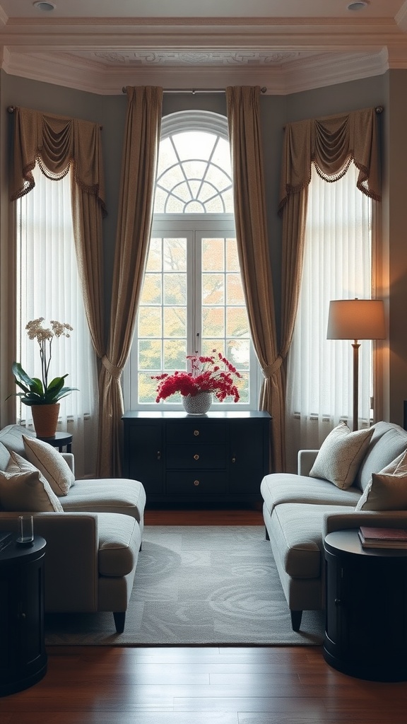 Living room with chic window treatments and a cozy seating arrangement