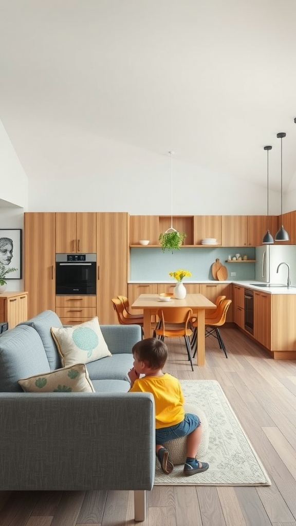 A child-friendly living room and kitchen space featuring a young boy sitting on a soft sofa, showcasing a safe and inviting environment for families.