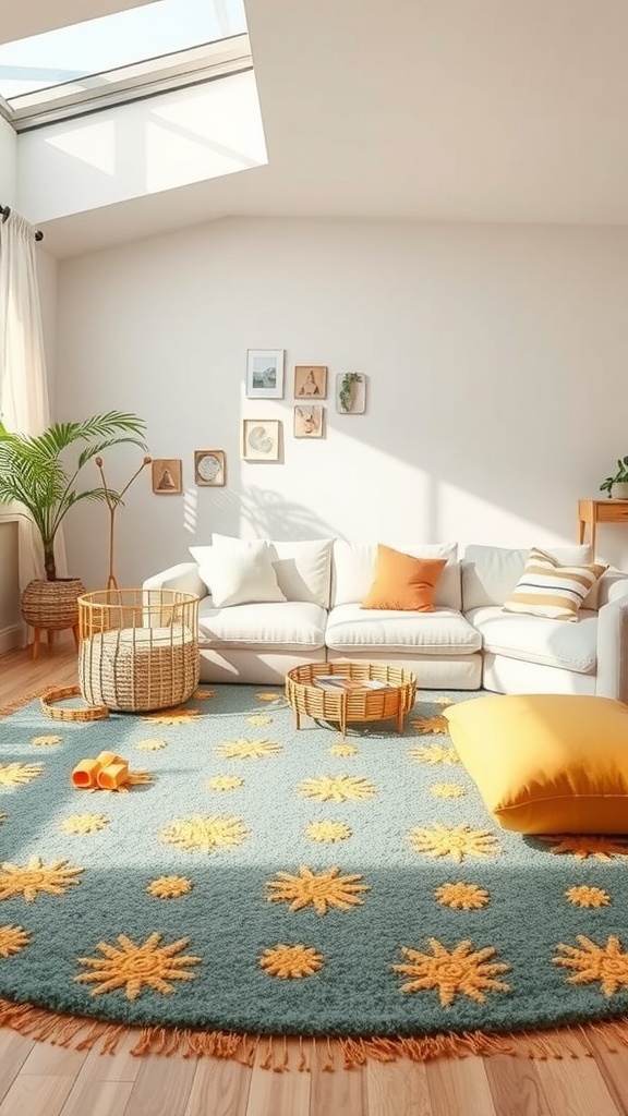 A bright living room featuring a round child-friendly rug with sun patterns, soft furniture, and playful decor.