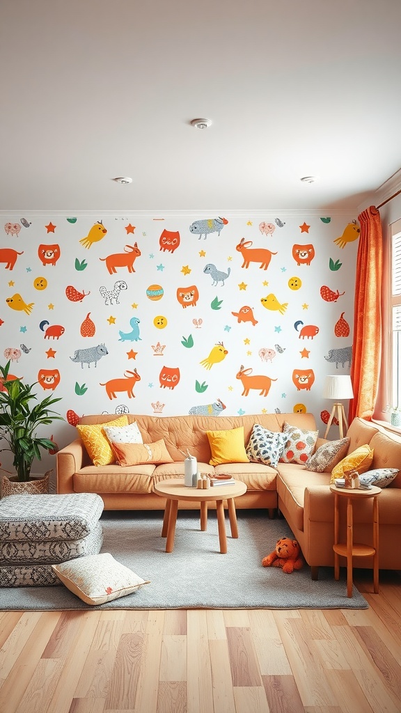 Living room featuring playful animal wallpaper with bright colors and cozy furniture.