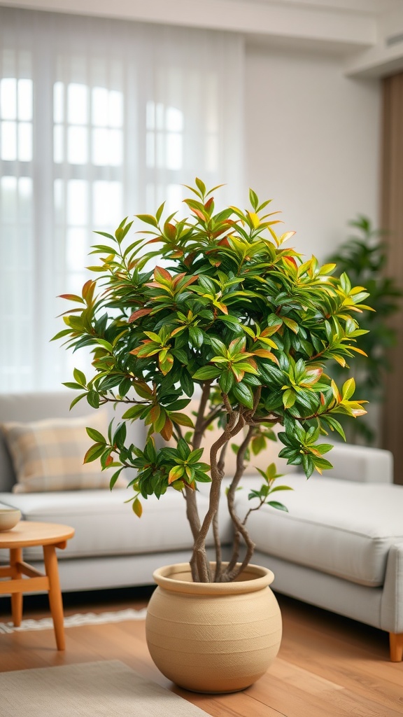 A lush Chinese Evergreen plant with colorful foliage in a modern living room setting.